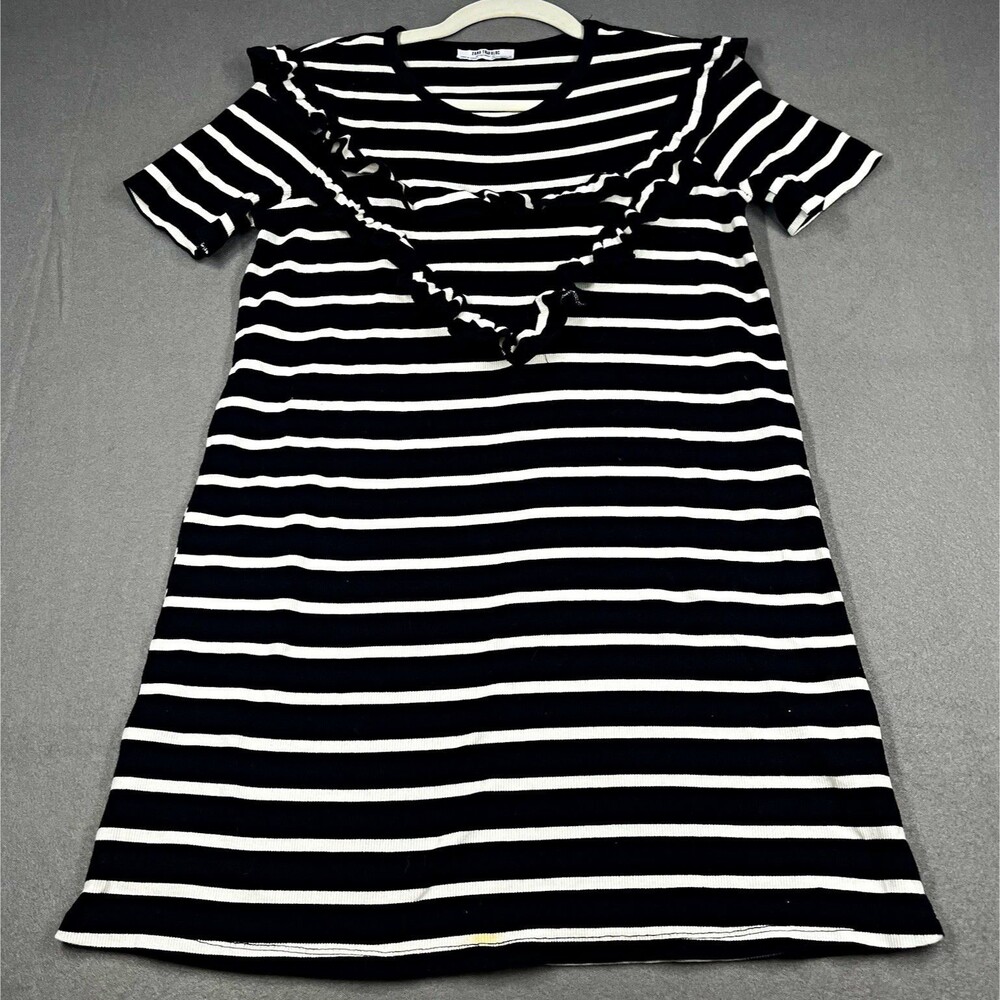 Zara Trafaluc Black White Striped Knit Ruffle Crew Neck Dress Knee S
